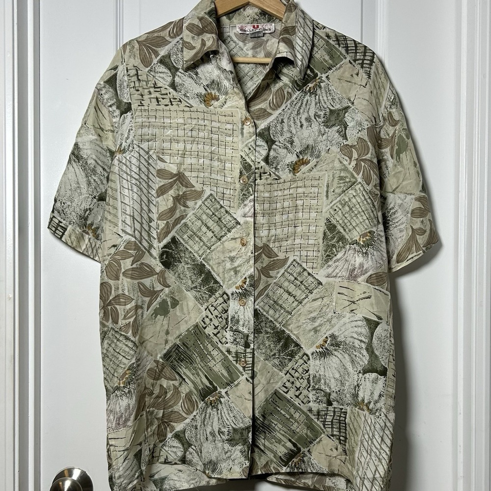Stunt Collections Vintage 100% Silk Abstract Botanical Patchwork Print Blouse